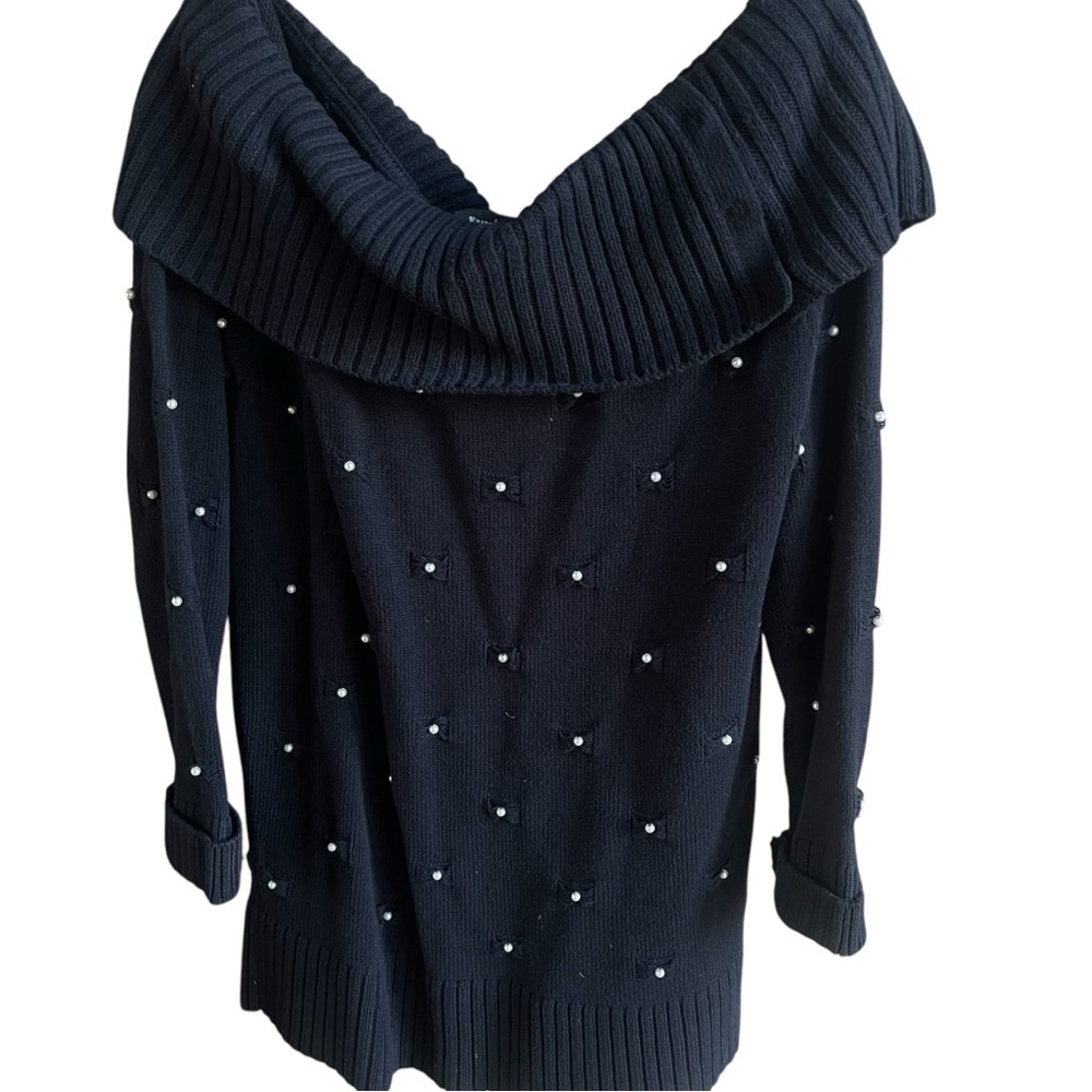 White House Black Market Navy Off-Shoulder Sweater with Pearl Embellishments